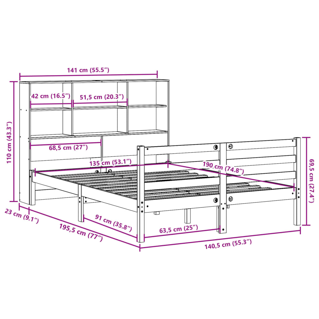 Bookcase Bed without Mattress Wax Brown 135x190 cm Solid Wood