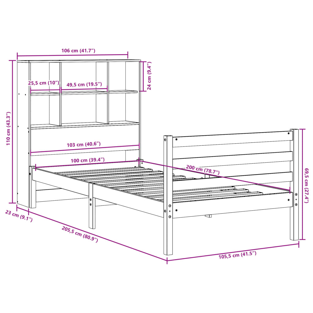 Bookcase Bed without Mattress Wax Brown 100x200 cm Solid Wood