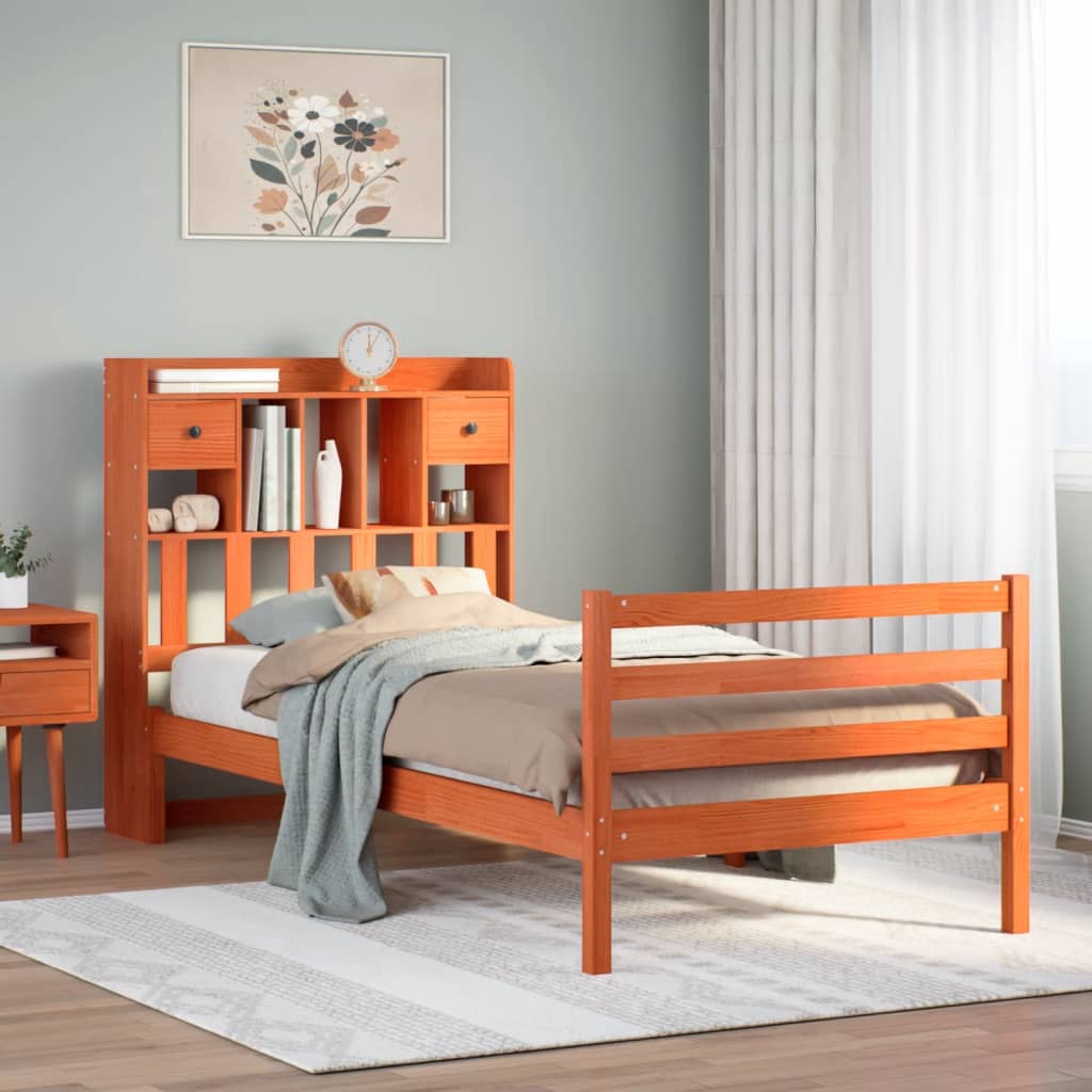 Bookcase Bed without Mattress Wax Brown 100x200cm Solid Wood Pine