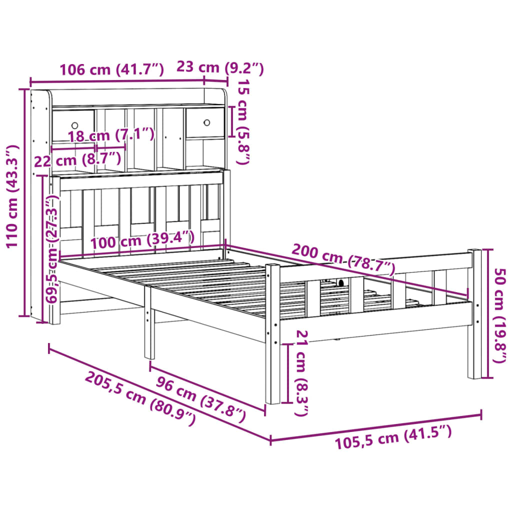 Bookcase Bed without Mattress 100x200 cm Solid Wood Pine