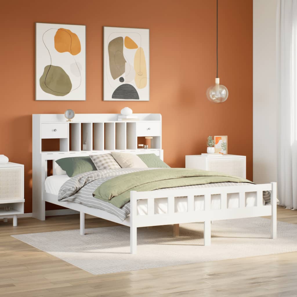 Bookcase Bed without Mattress White 150x200 cm King Size Solid Wood Pine