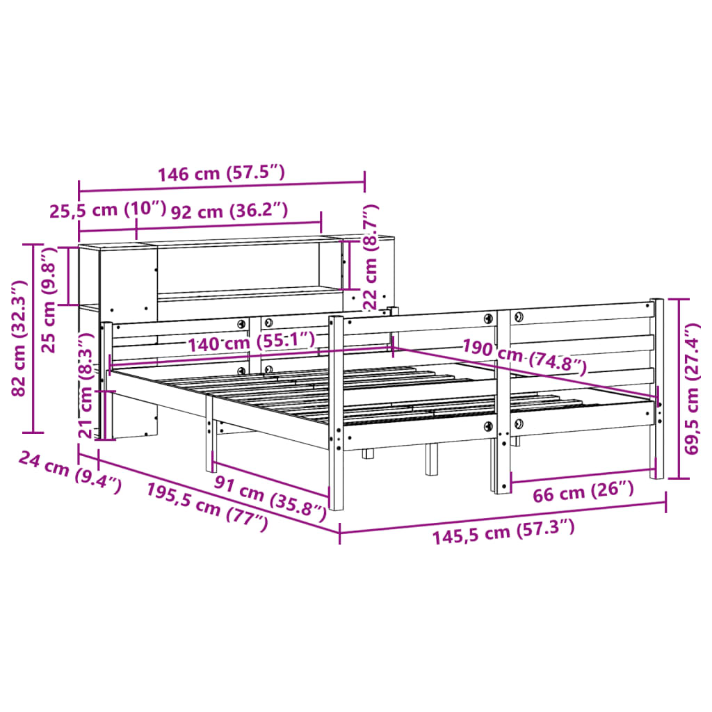 Bookcase Bed without Mattress 140x190 cm Solid Wood Pine