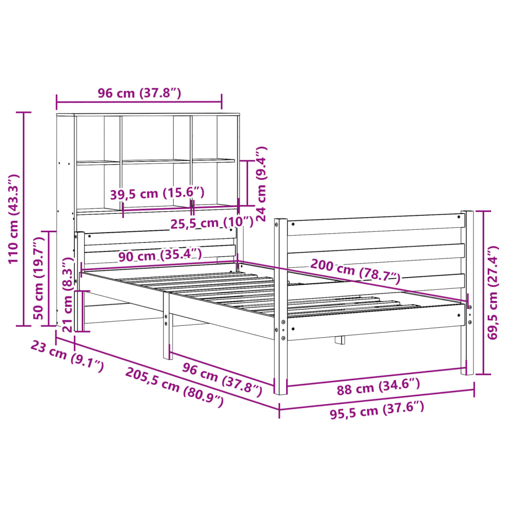 Bookcase Bed without Mattress 90x200 cm Solid Wood Pine