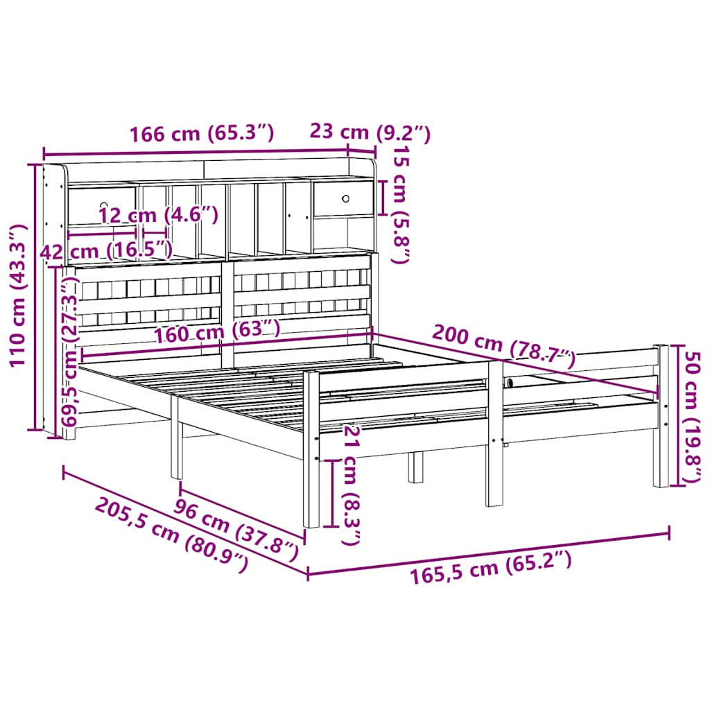 Bookcase Bed without Mattress 160x200cm Solid Wood Pine