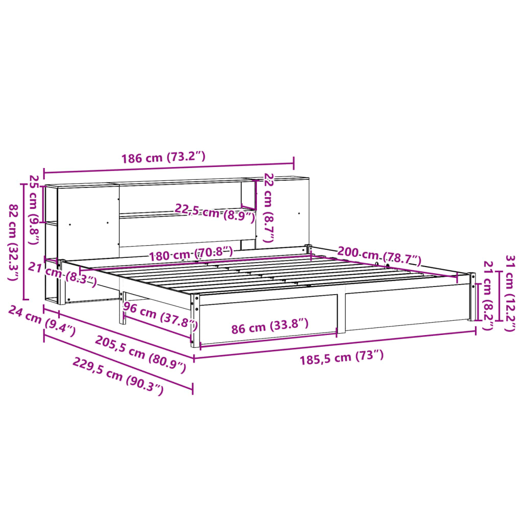 Bookcase Bed without Mattress 180x200cm Super King Solid Wood Pine