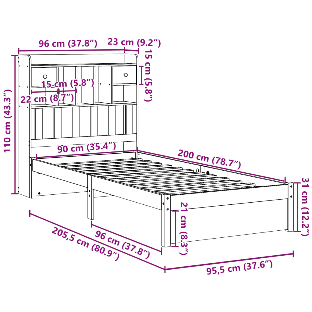 Bookcase Bed without Mattress 90x200cm Solid Wood Pine