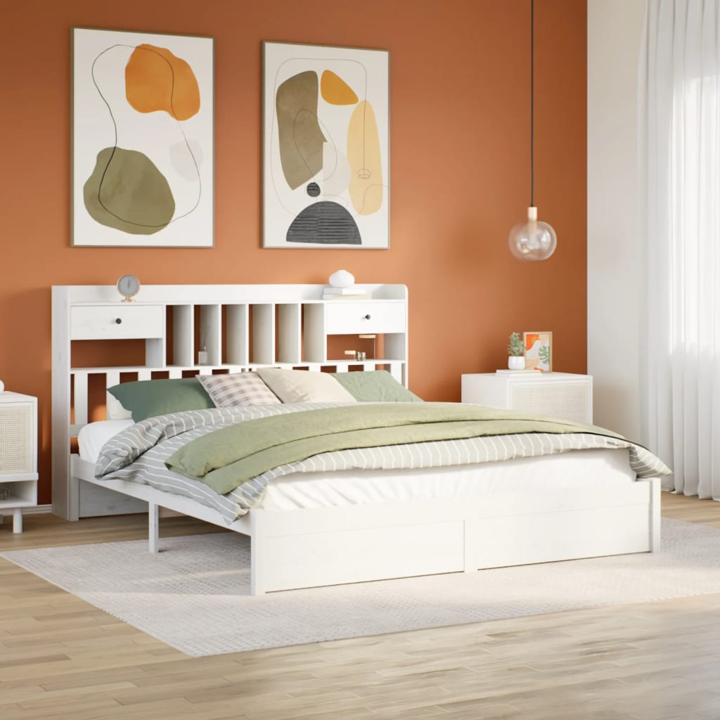 Bookcase Bed without Mattress White 180x200cm Super King Solid Wood Pine