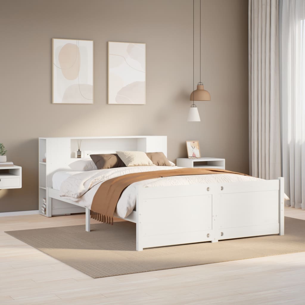 Bookcase Bed without Mattress White 150x200cm King Size Solid Wood Pine