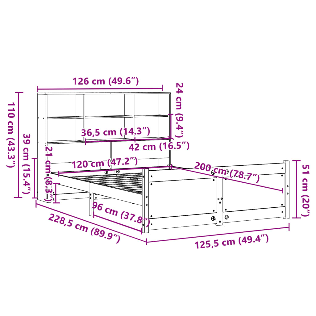 Bookcase Bed without Mattress White 120x200cm Solid Wood Pine