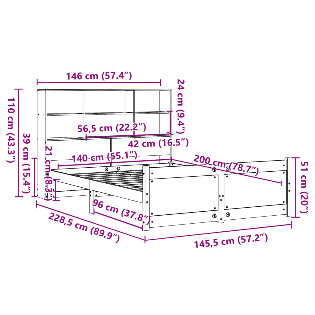 Bookcase Bed without Mattress White 140x200cm Solid Wood Pine