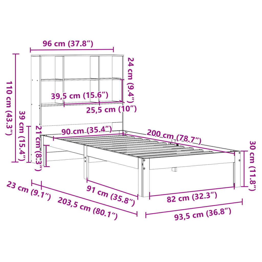 Bookcase Bed without Mattress 90x200cm Solid Wood Pine