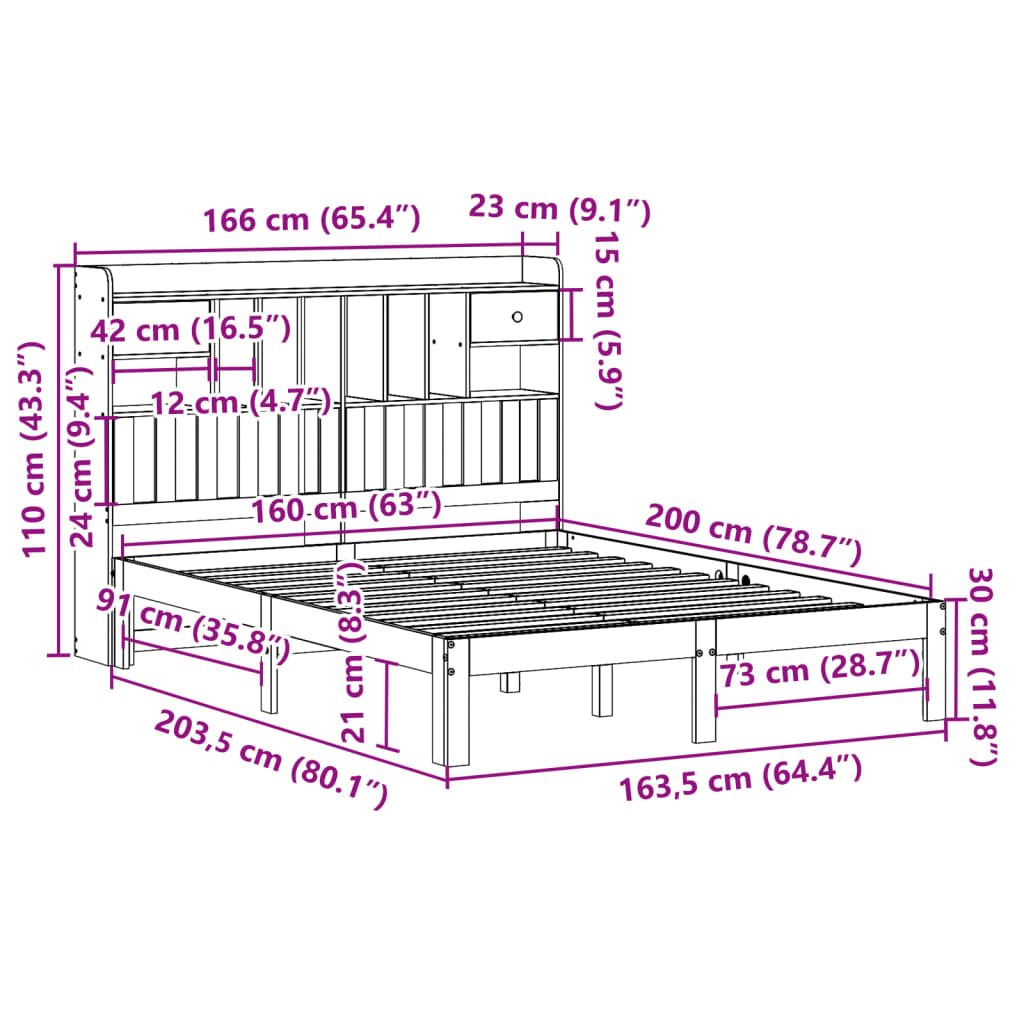 Bookcase Bed without Mattress 160x200cm Solid Wood Pine