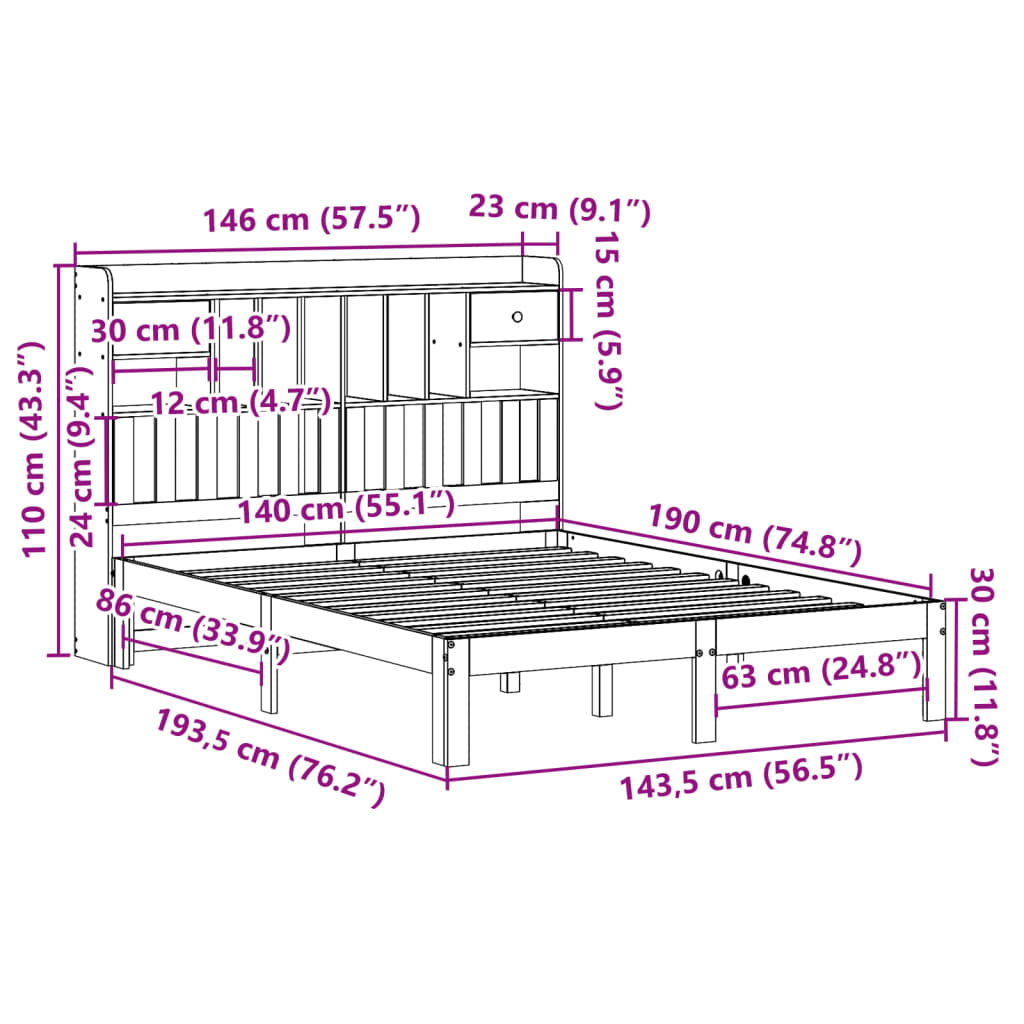 Bookcase Bed without Mattress Wax Brown 140x190cm Solid Wood Pine