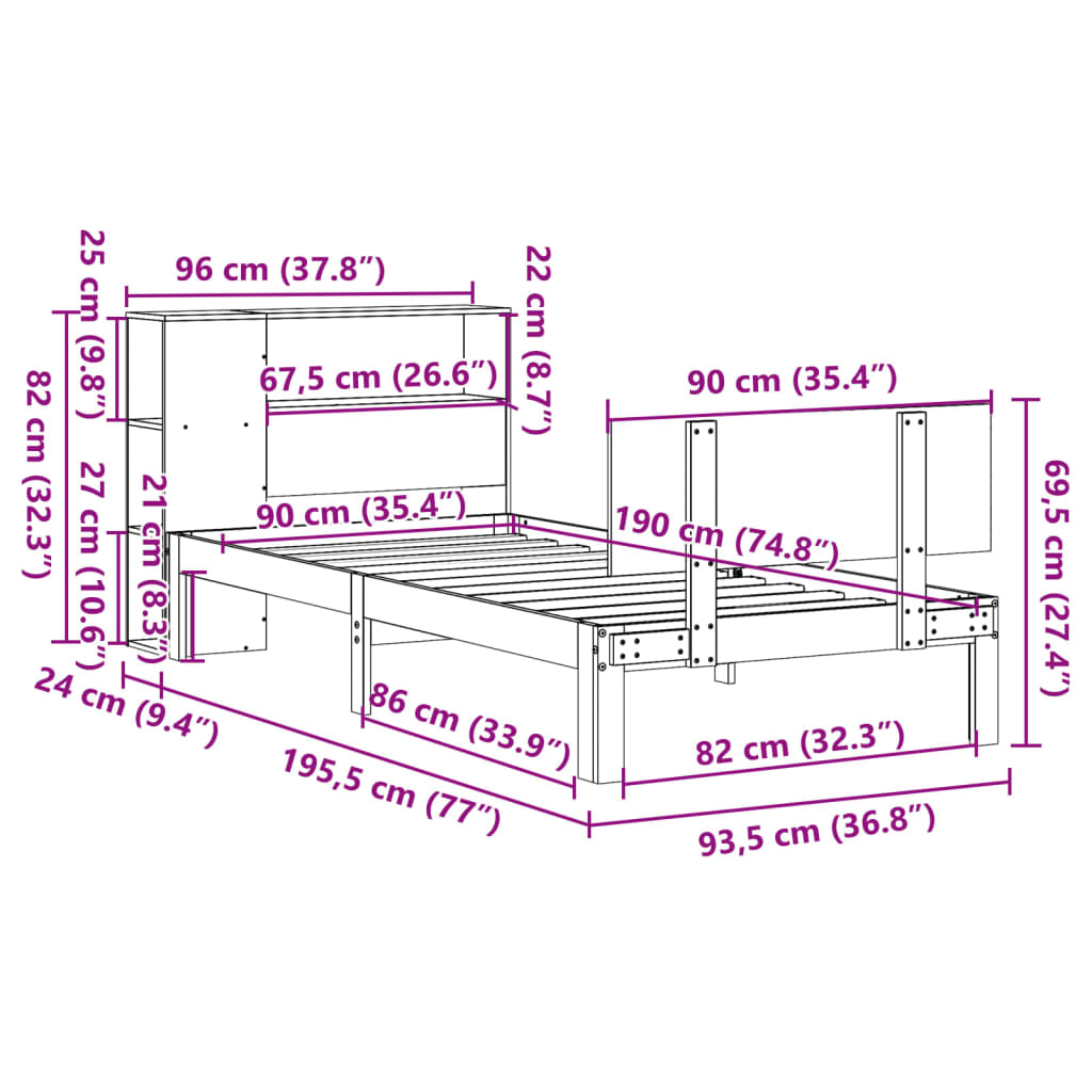 Bookcase Bed without Mattress White 90x190cm Single Solid Wood Pine