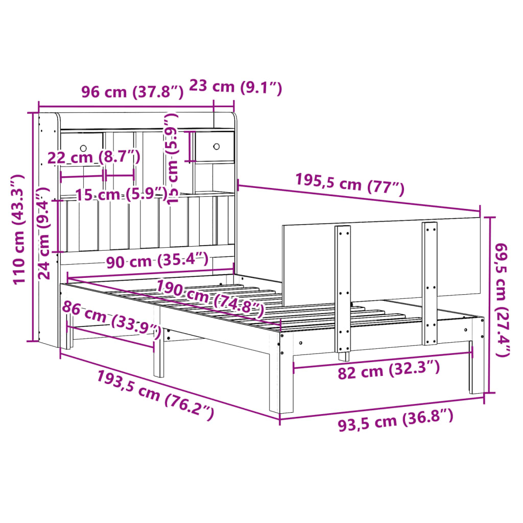 Bookcase Bed without Mattress 90x190cm Solid Wood Pine