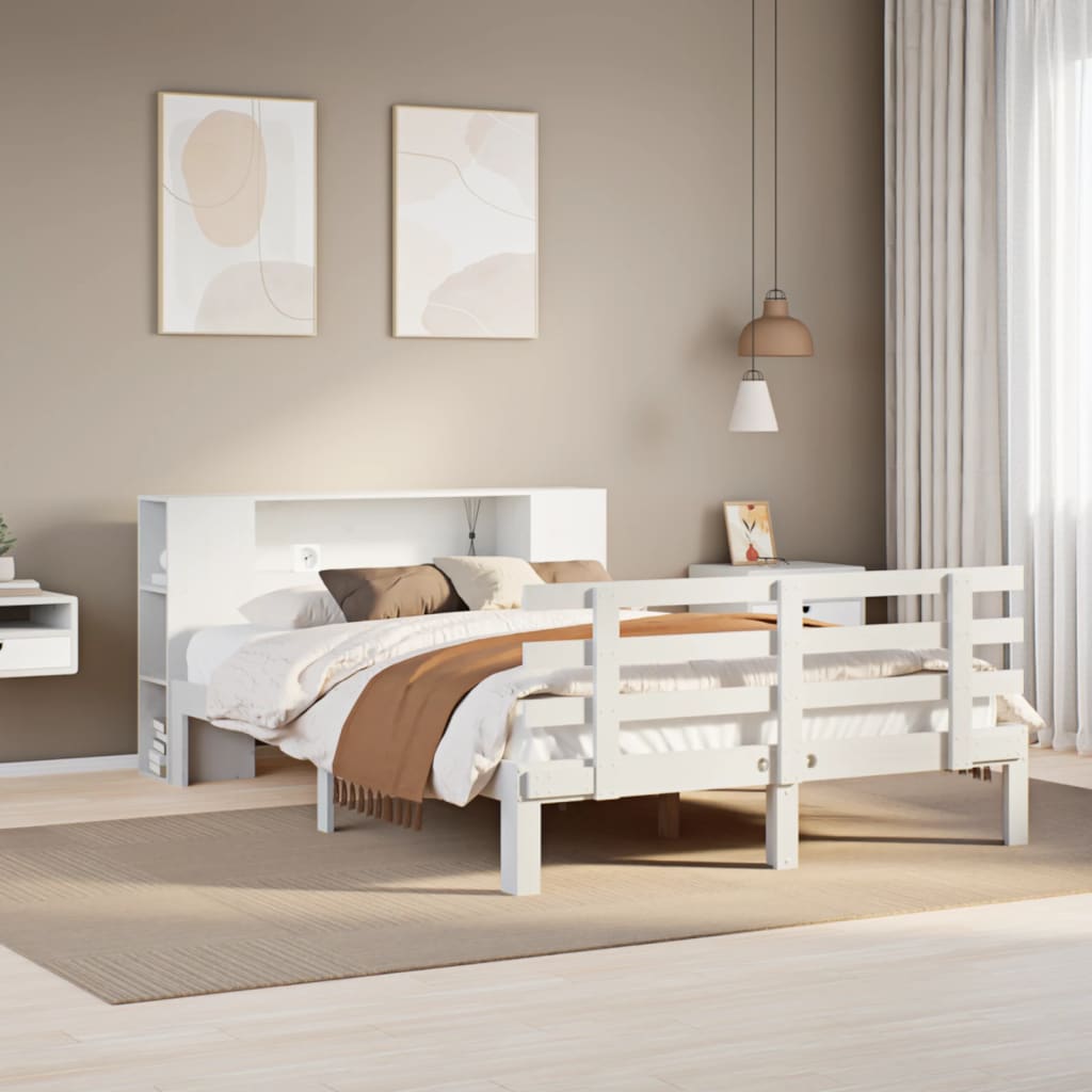 Bookcase Bed without Mattress White 150x200 cm King Size Solid Wood Pine