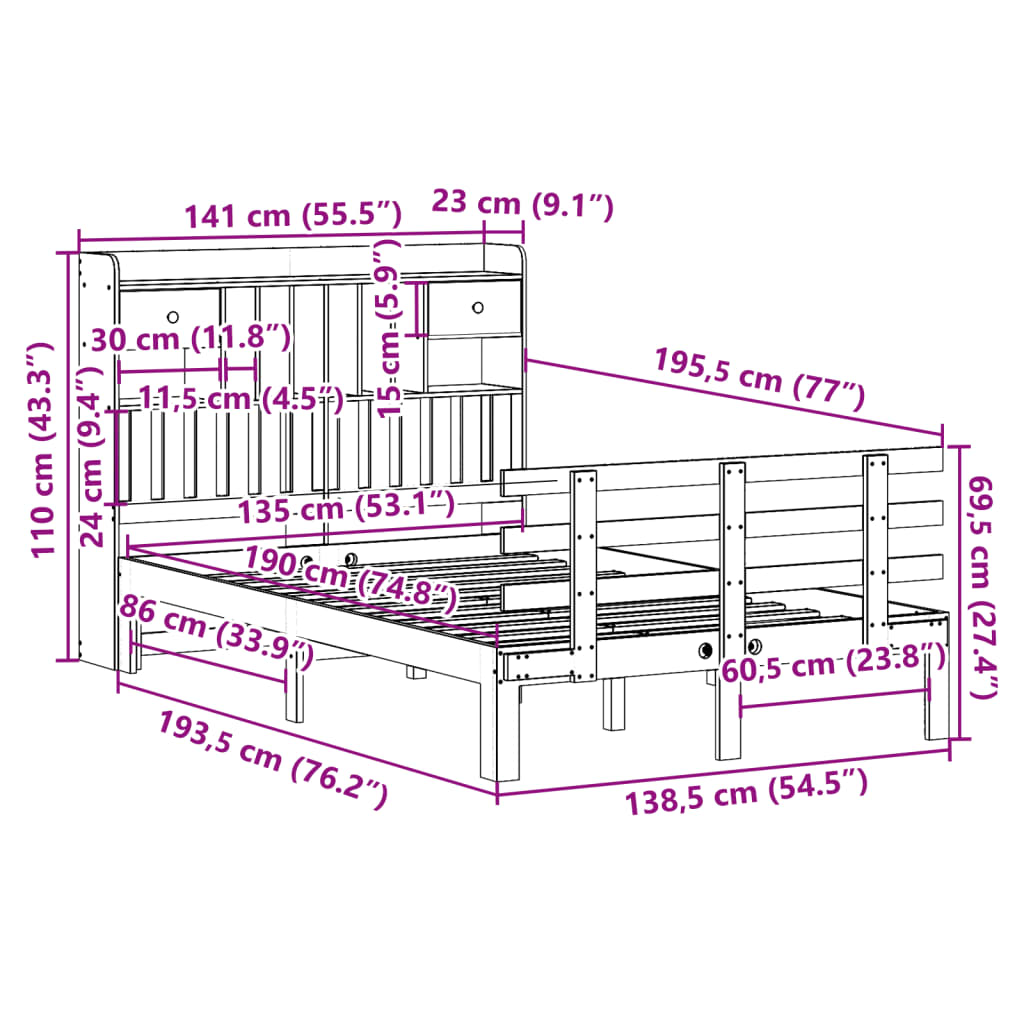 Bookcase Bed without Mattress 135x190 cm Double Solid Wood Pine