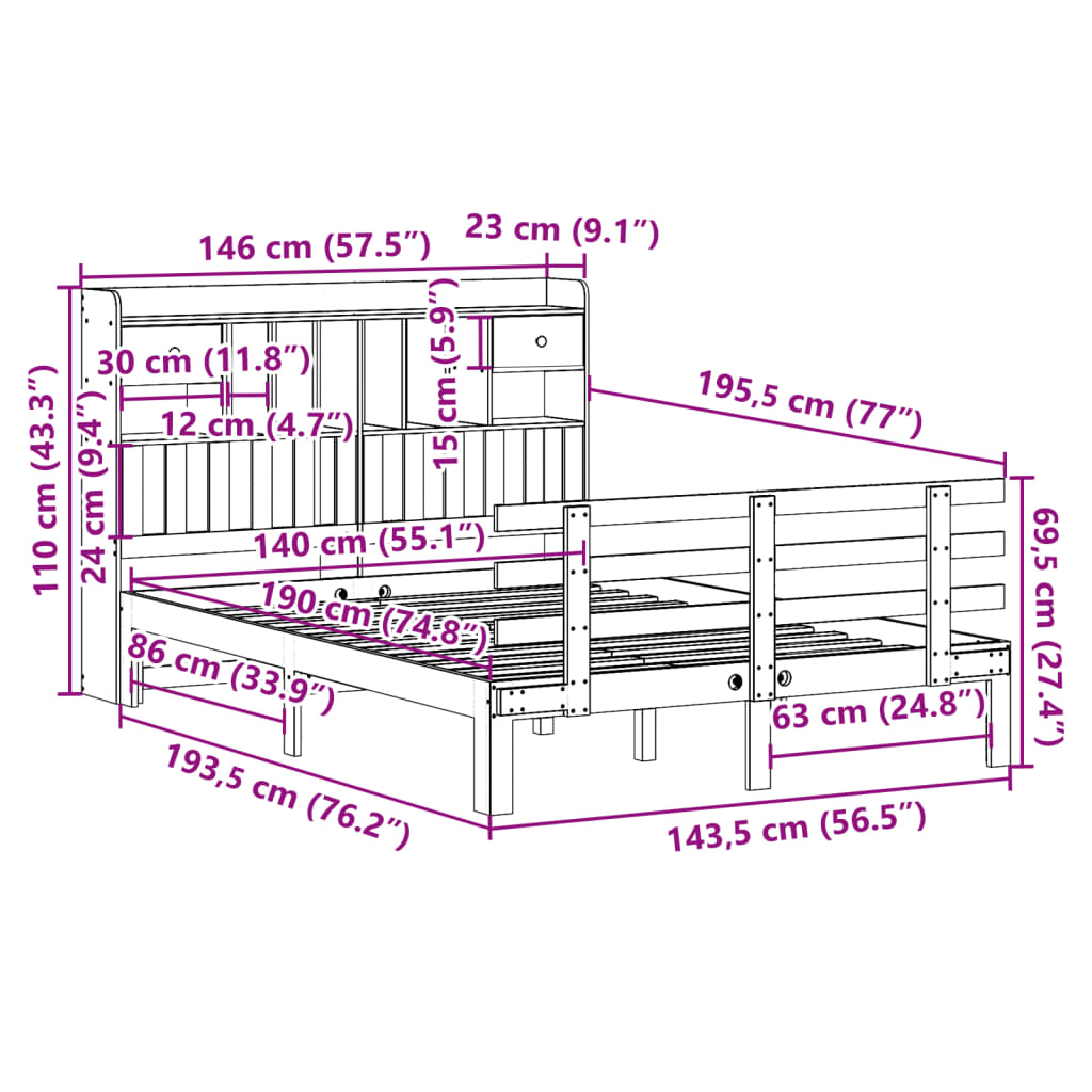 Bookcase Bed without Mattress 140x190 cm Solid Wood Pine