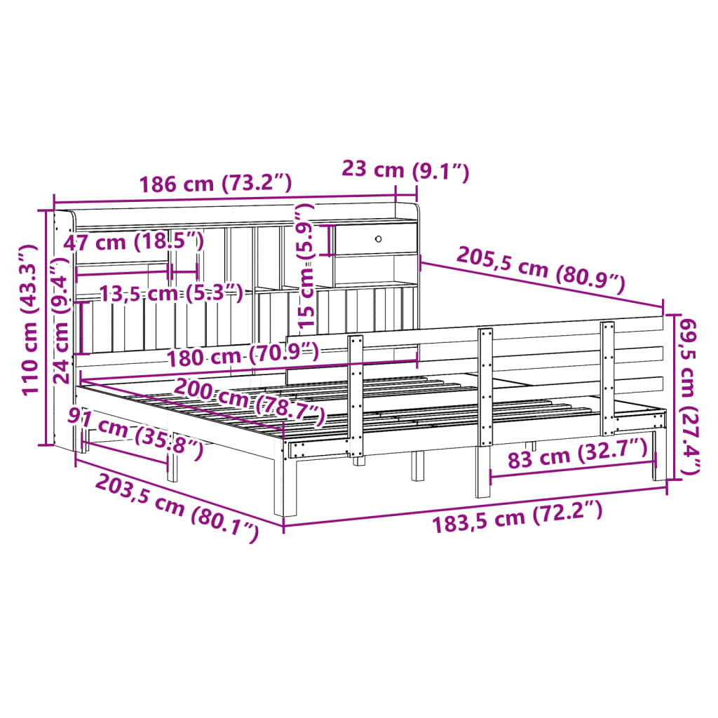 Bookcase Bed without Mattress White 180x200 cm Super King Solid Wood Pine