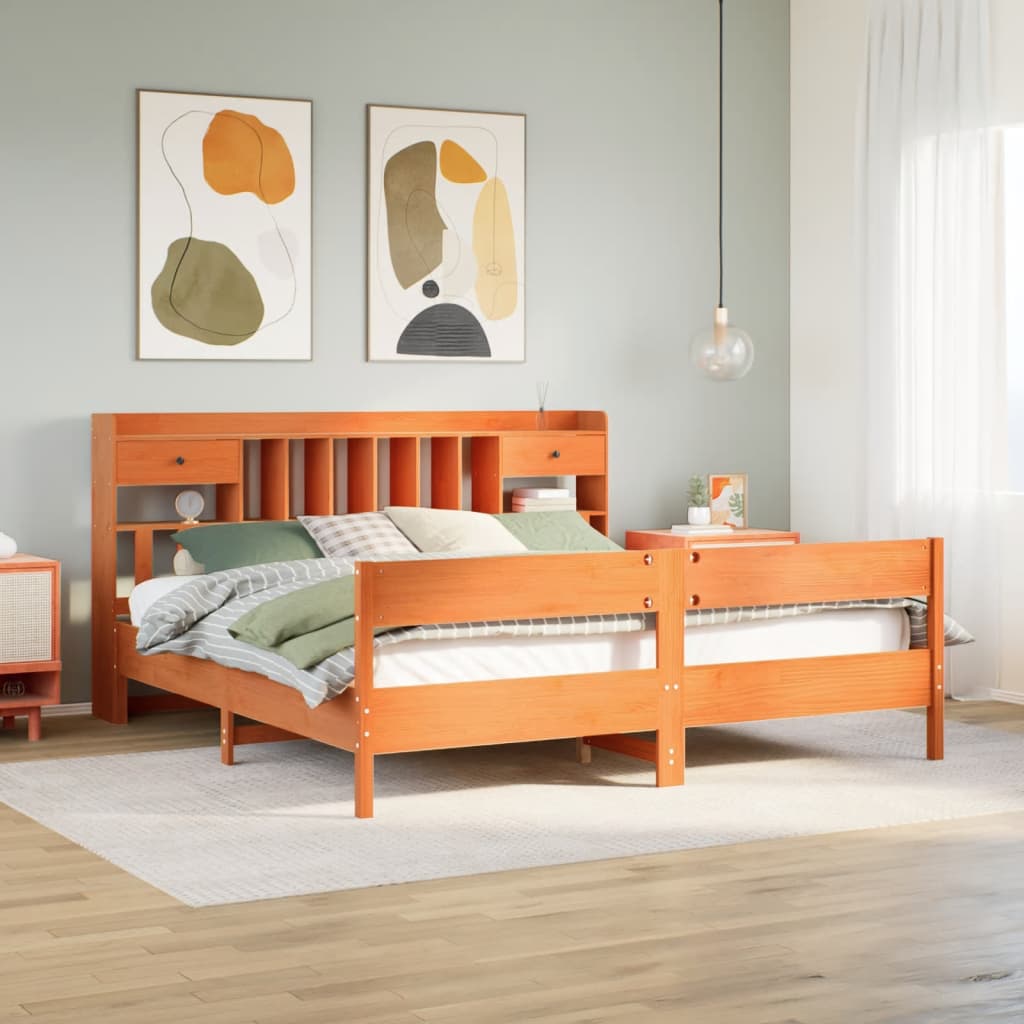 Bookcase Bed without Mattress Wax Brown 200x200cm Solid Wood Pine