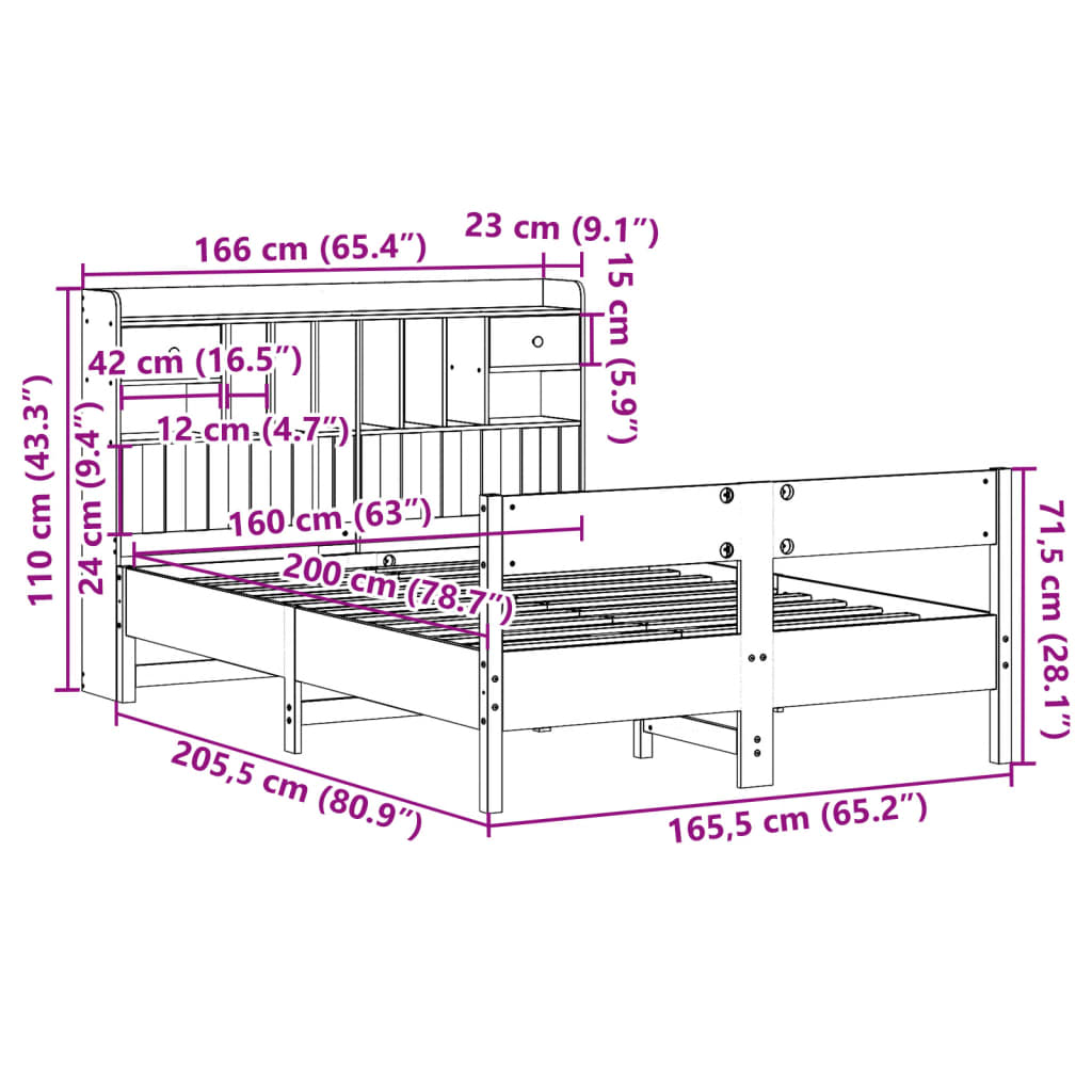 Bookcase Bed without Mattress Wax Brown 160x200cm Solid Wood Pine