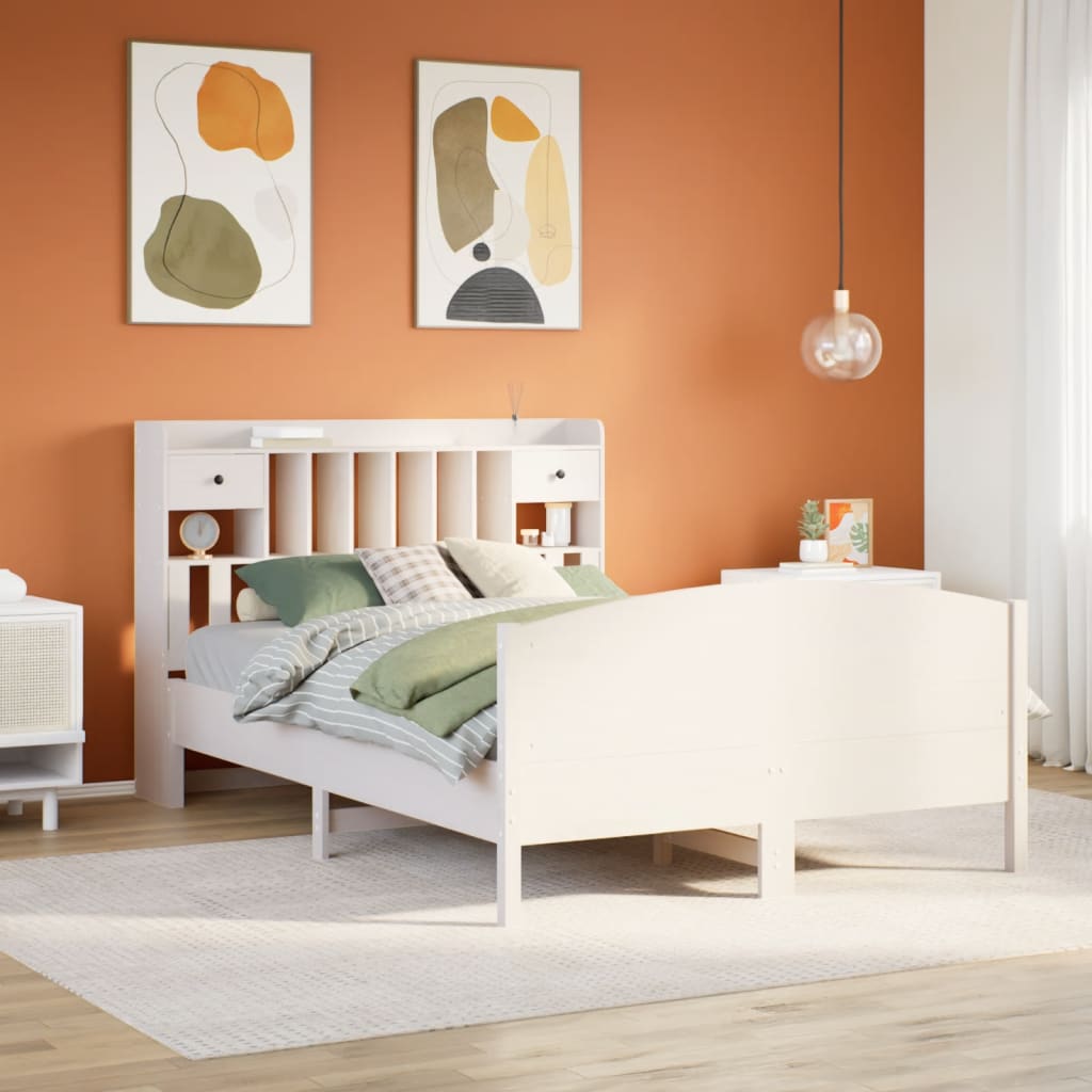 Bookcase Bed without Mattress White 150x200 cm King Size Solid Wood Pine