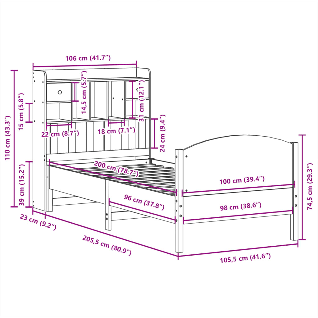 Bookcase Bed without Mattress 100x200cm Solid Wood Pine