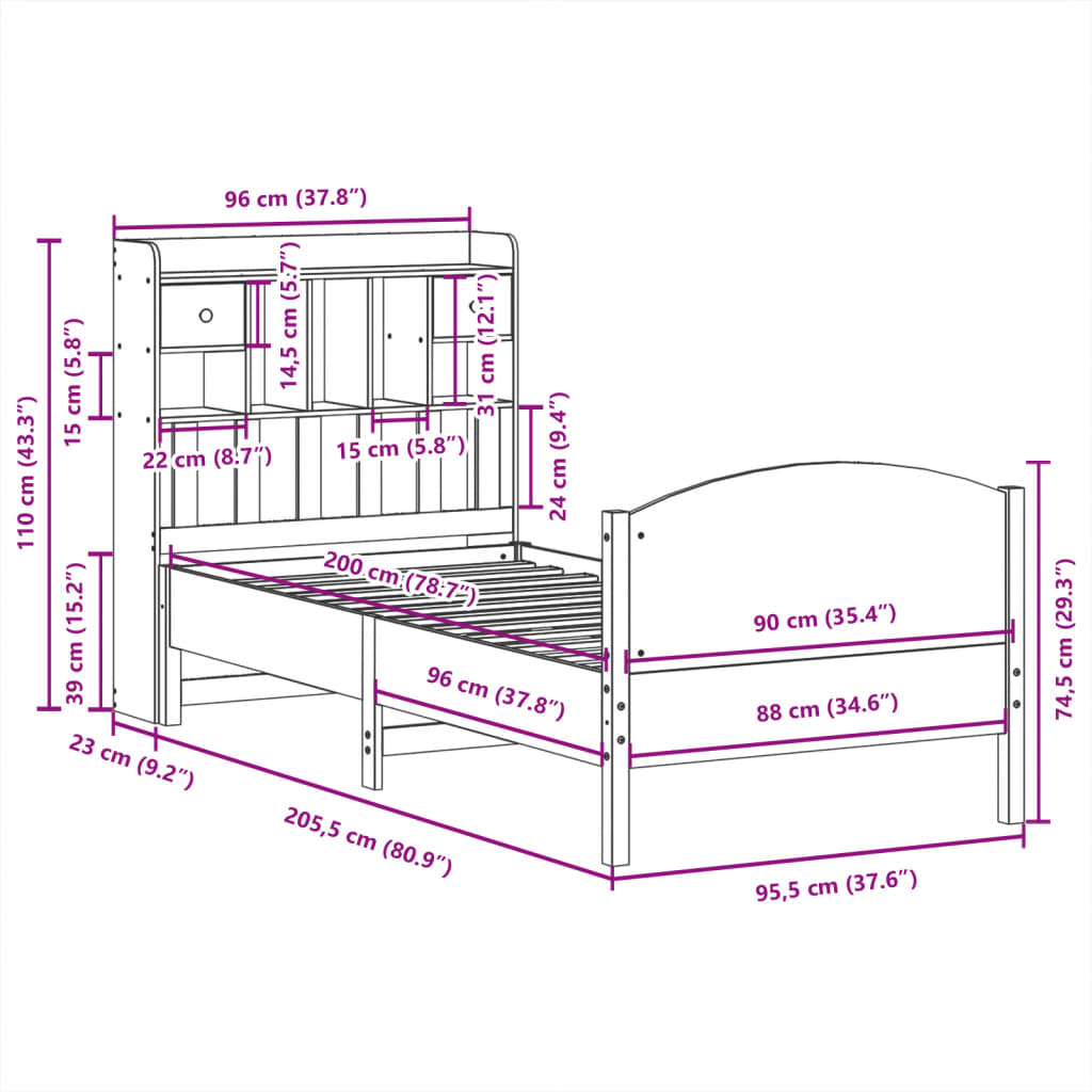 Bookcase Bed without Mattress White 90x200cm Solid Wood Pine