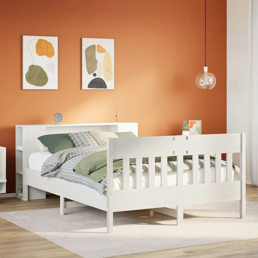 Bookcase Bed without Mattress White 150x200 cm King Size Solid Wood Pine