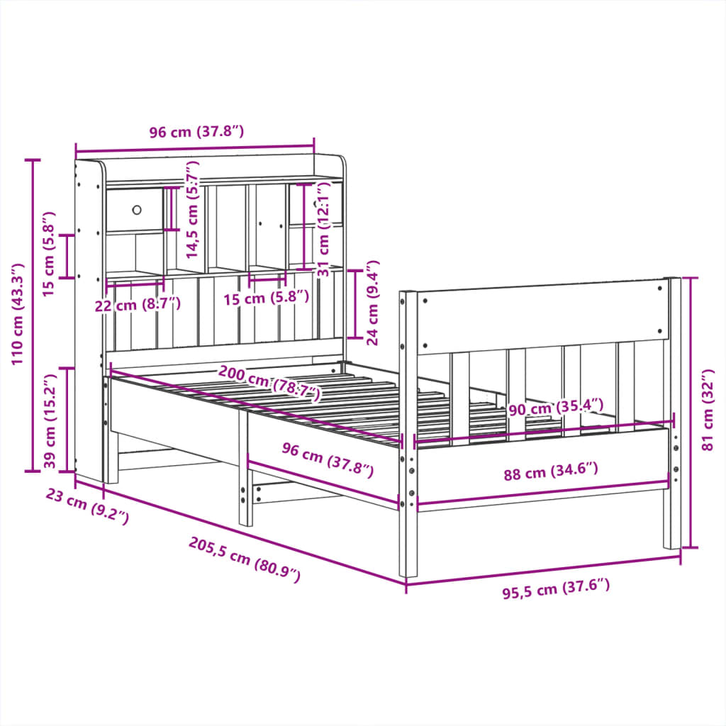Bed Frame without Mattress 90x200 cm Solid Wood Pine