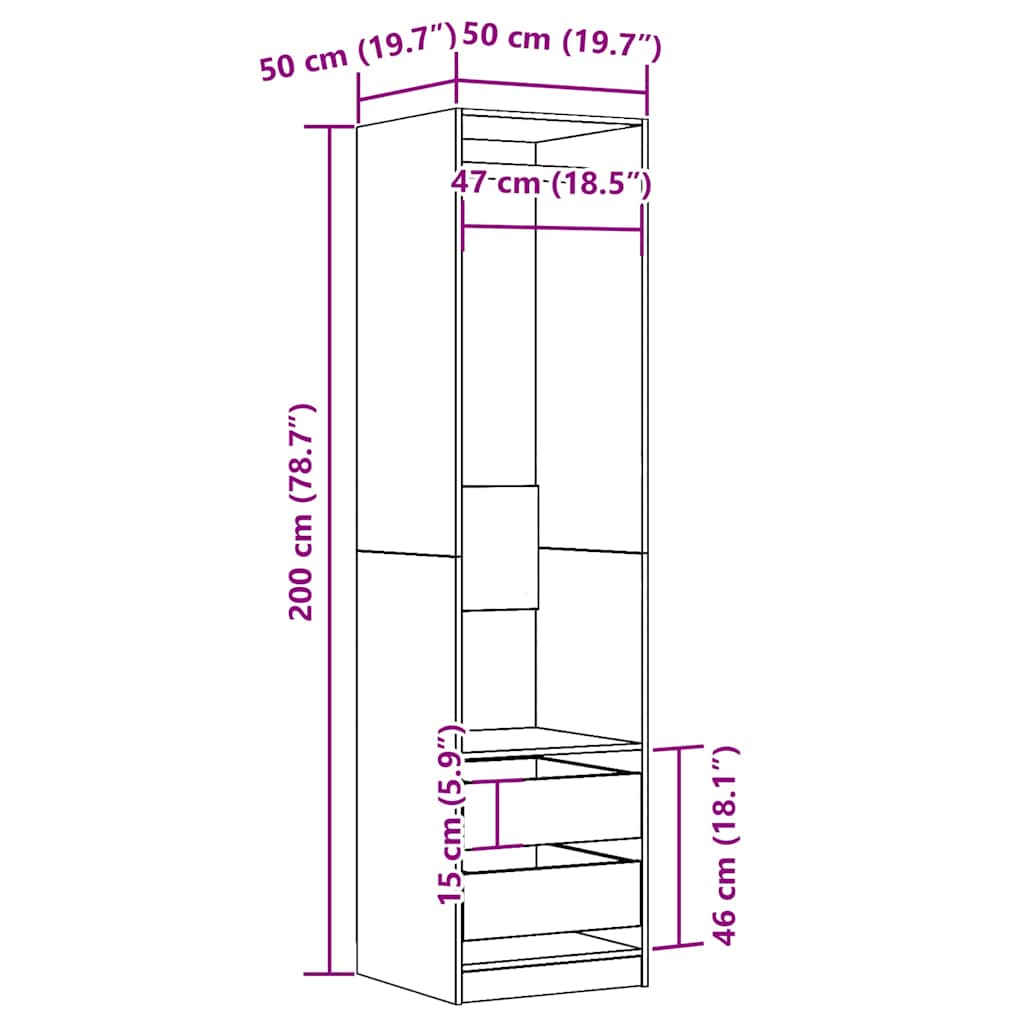 Modern Wooden 50cm Open Tall Bedroom Wardrobe With 2 Drawers Hanging Rail