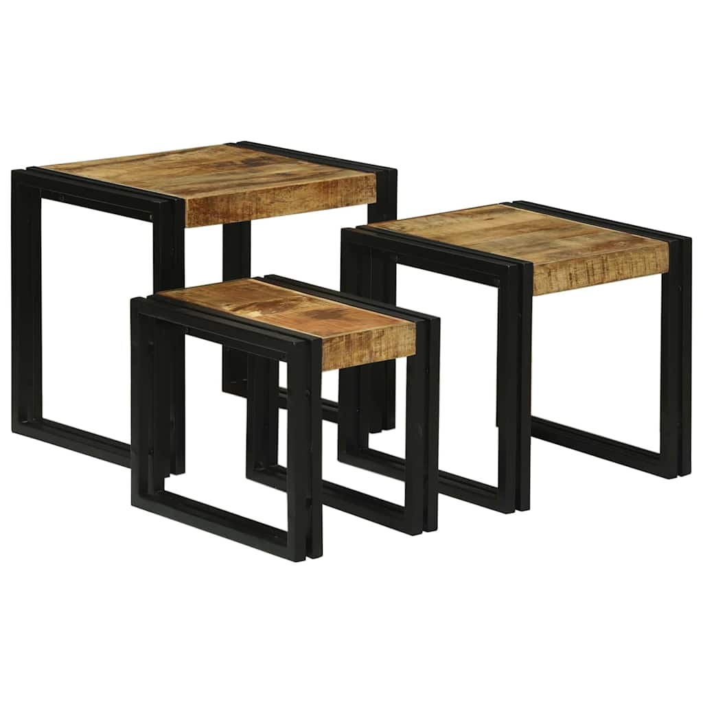 Nesting Table 3 pcs Brown and black Solid rough mango wood
