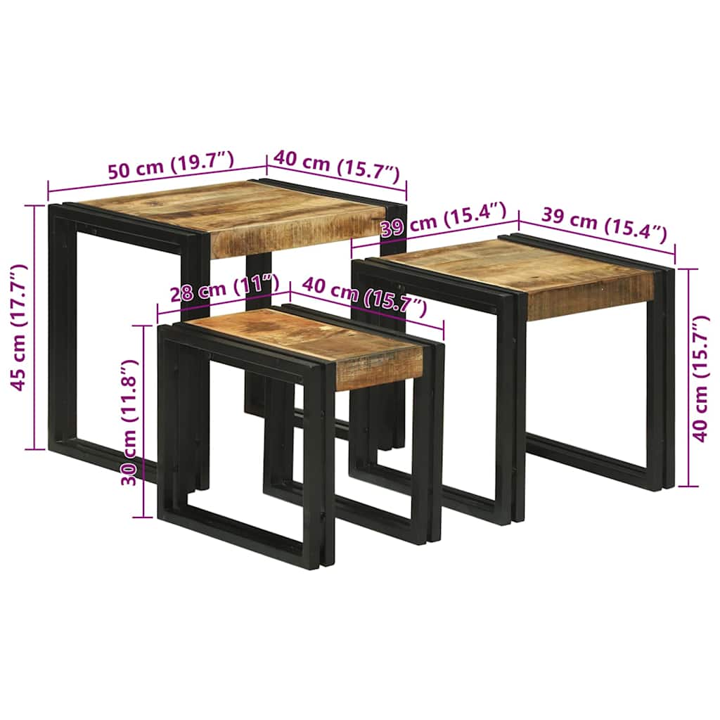 Nesting Table 3 pcs Brown and black Solid rough mango wood