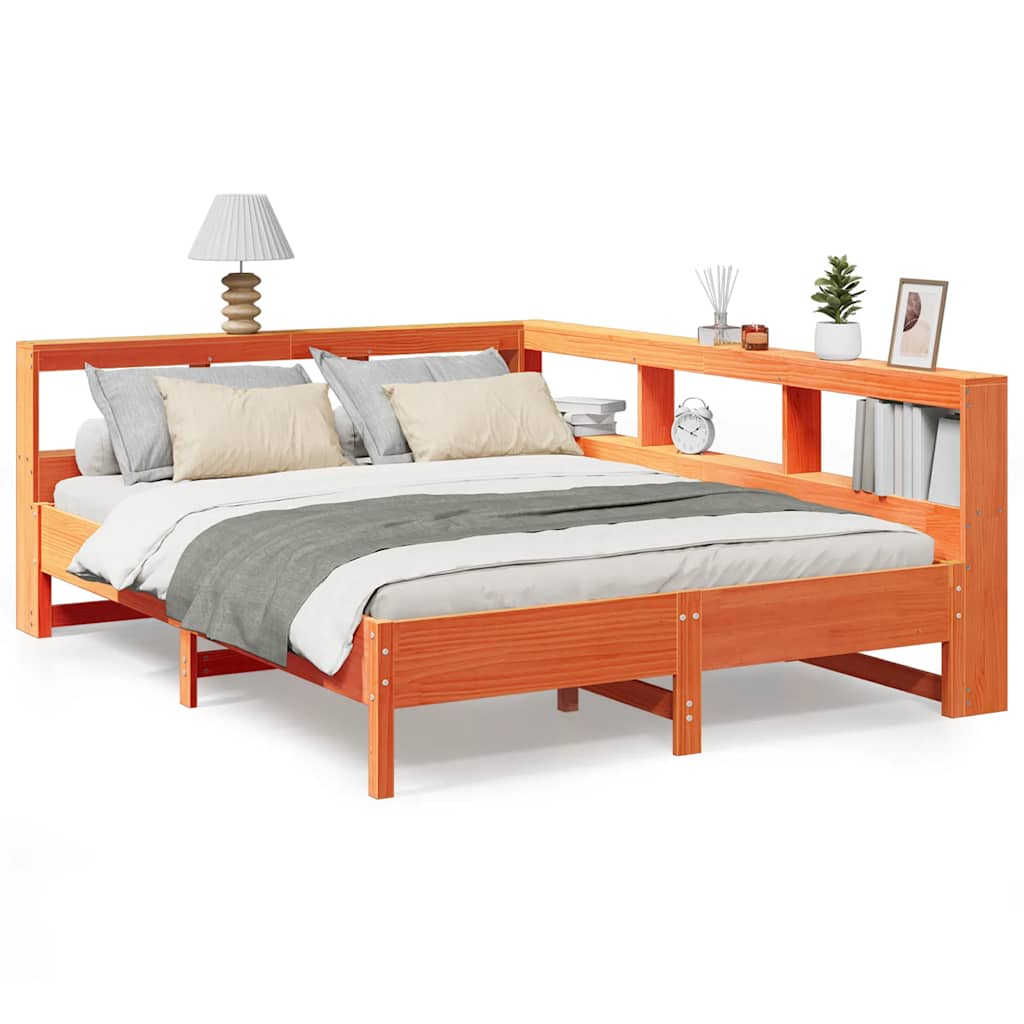 Bookcase Bed without Mattress Wax Brown 150x200 cm King Size Solid Wood Pine