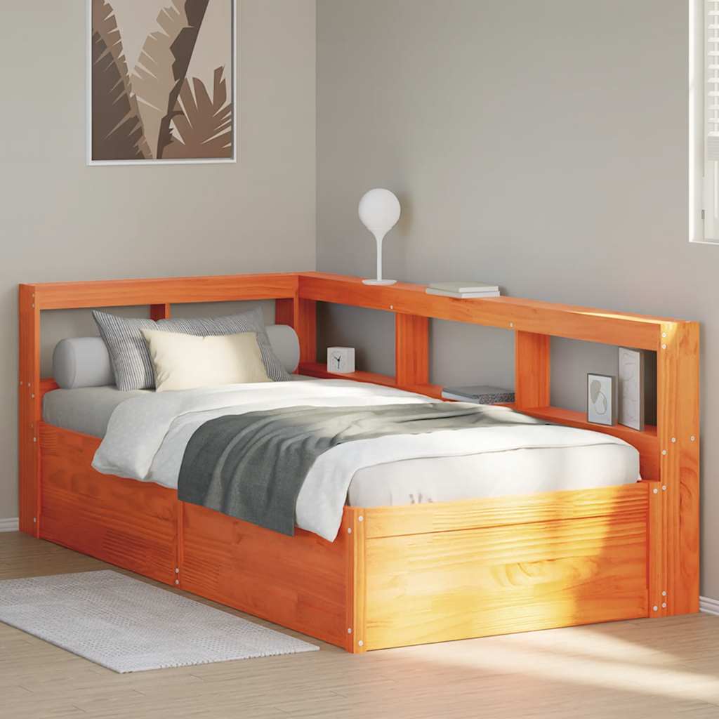 Bookcase Bed without Mattress Wax Brown 90x200cm Solid Wood Pine