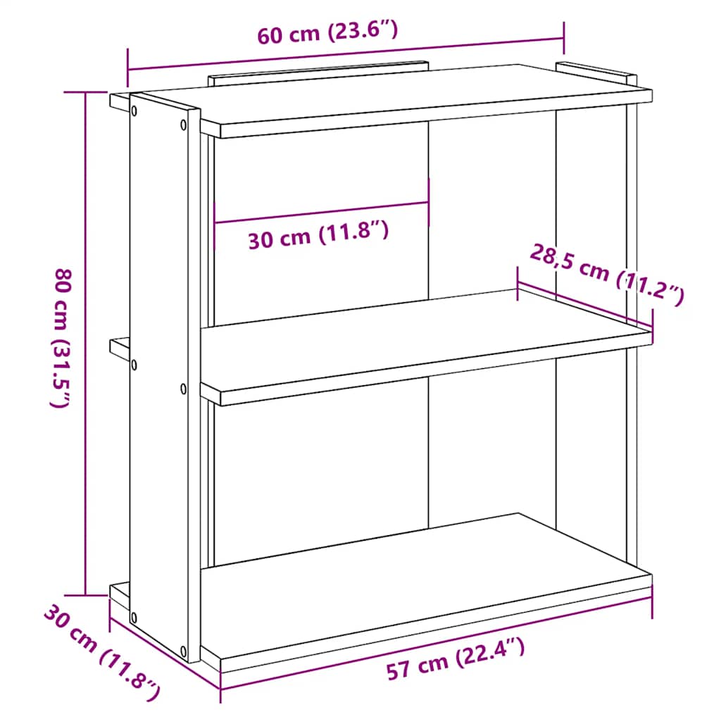 Bookcase 3-Tier White 60x30x80 cm Engineered Wood