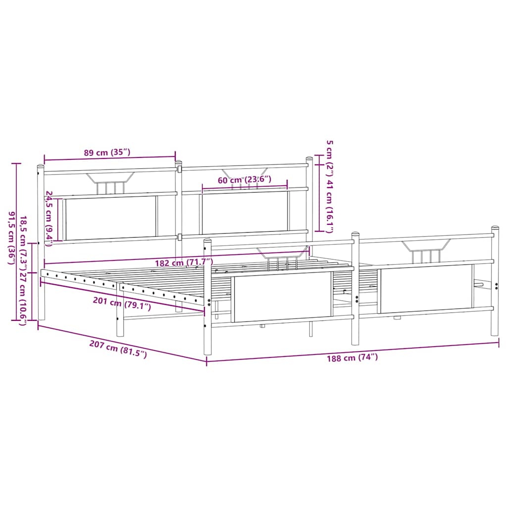 Metal Bed Frame without Mattress Smoked Oak 180x200 cm Super King