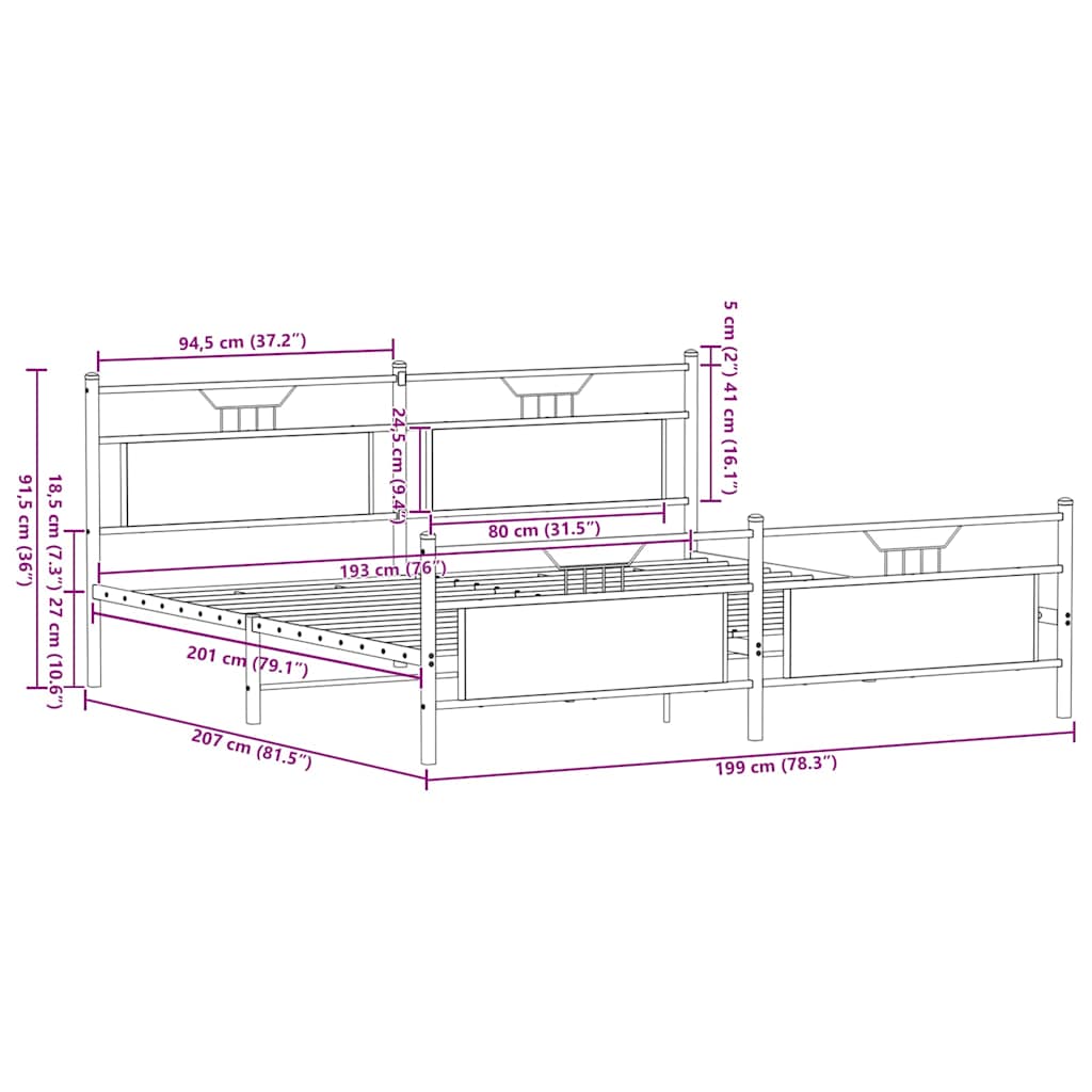 Metal Bed Frame without Mattress Brown Oak 193x203 cm