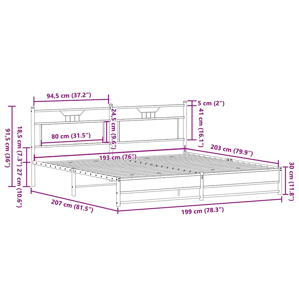 Metal Bed Frame without Mattress Sonoma Oak 193x203 cm