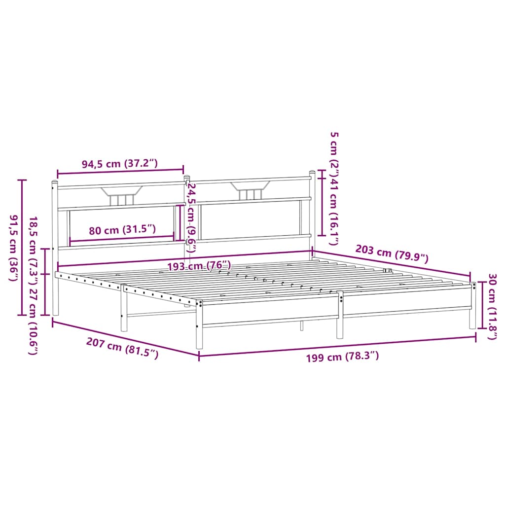Metal Bed Frame without Mattress Brown Oak 193x203 cm
