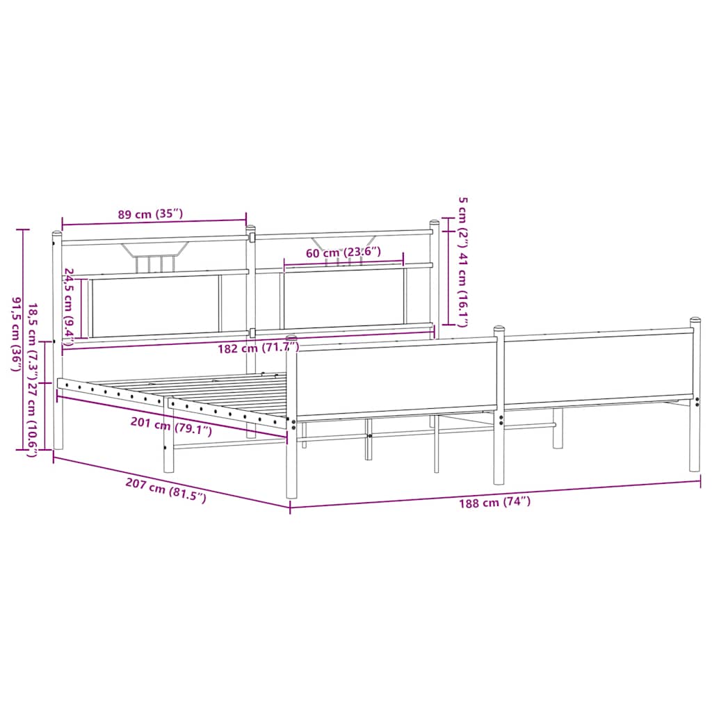 Metal Bed Frame without Mattress Brown Oak 180x200 cm Super King