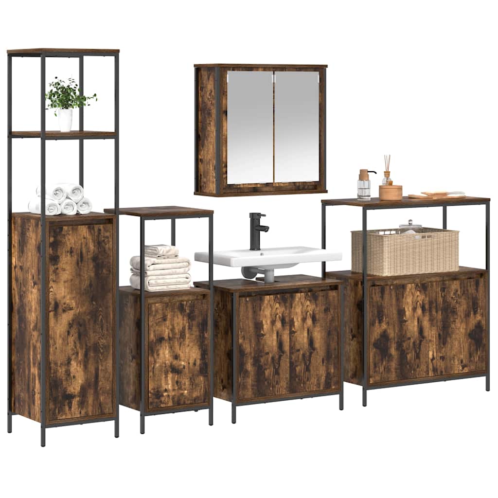 Bathroom Furniture Set with Shelf 5 pcs Smoked oak and Black