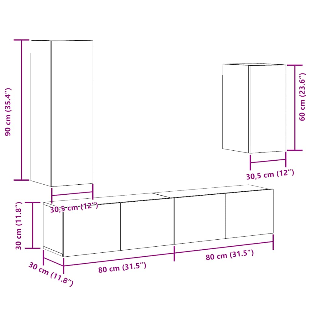 4 Piece TV Cabinet Set Wall-mounted Old Wood Engineered Wood