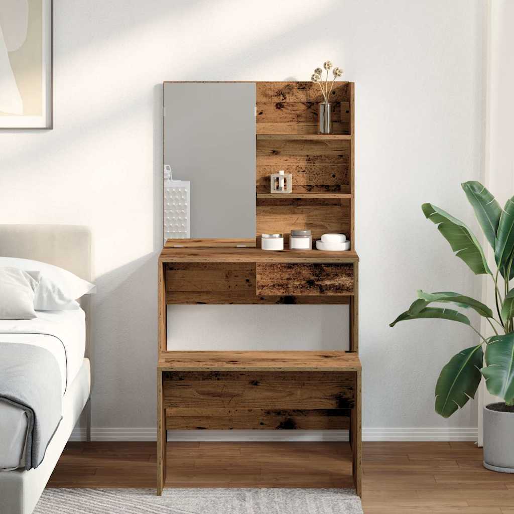 Modern Wooden Dressing Table Makeup Vanity Desk Set With Mirror & Stool