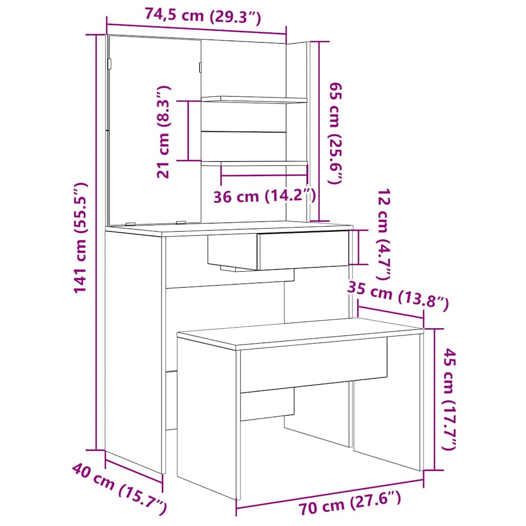 Modern Wooden Dressing Table Makeup Vanity Desk Set With Mirror & Stool