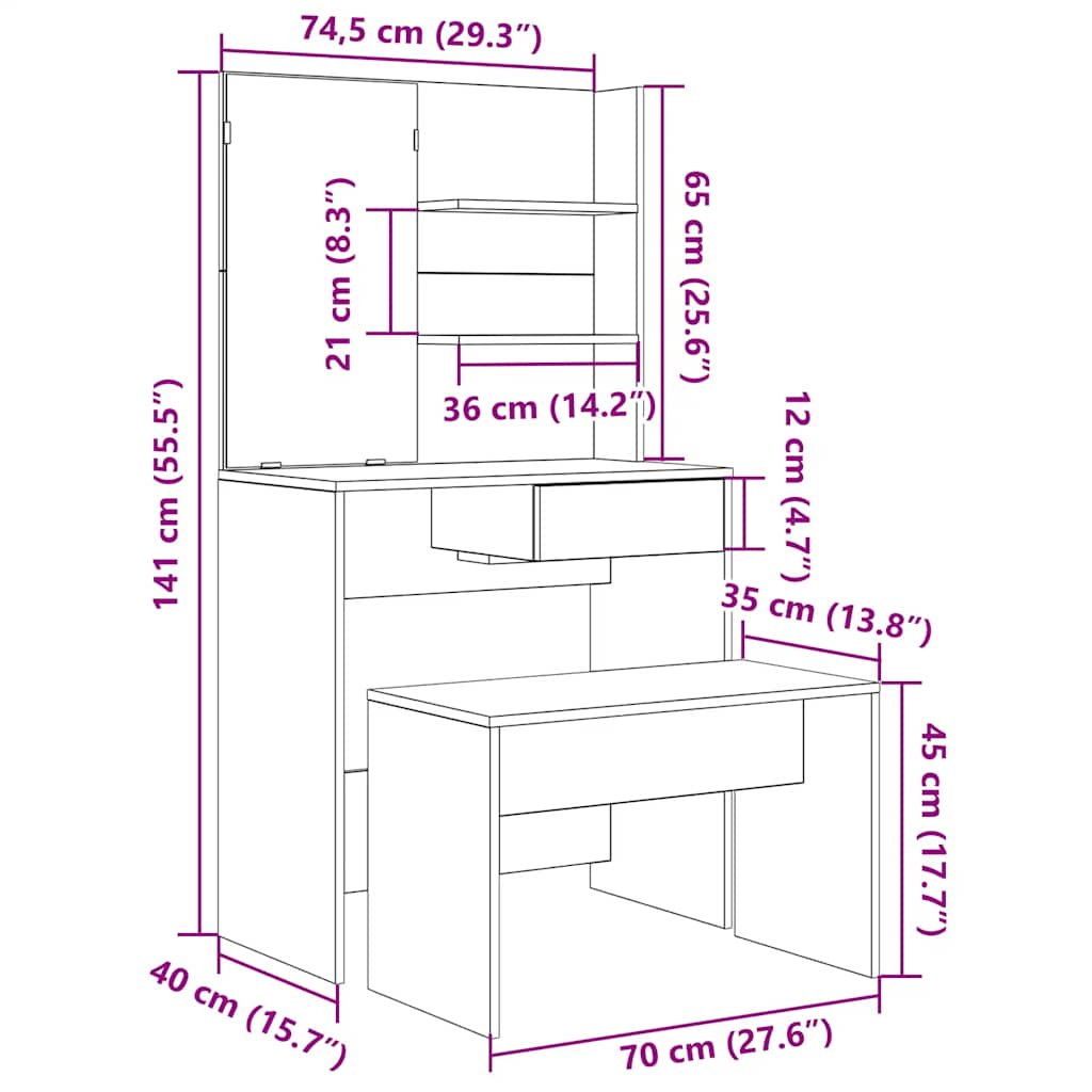Modern Wooden Dressing Table Makeup Vanity Desk Set With Mirror & Stool