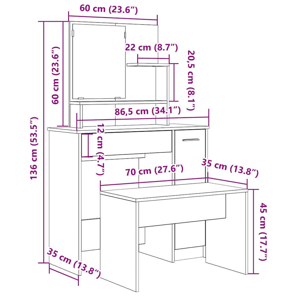 Modern Wooden Dressing Table Makeup Vanity Desk Set With Mirror & Stool