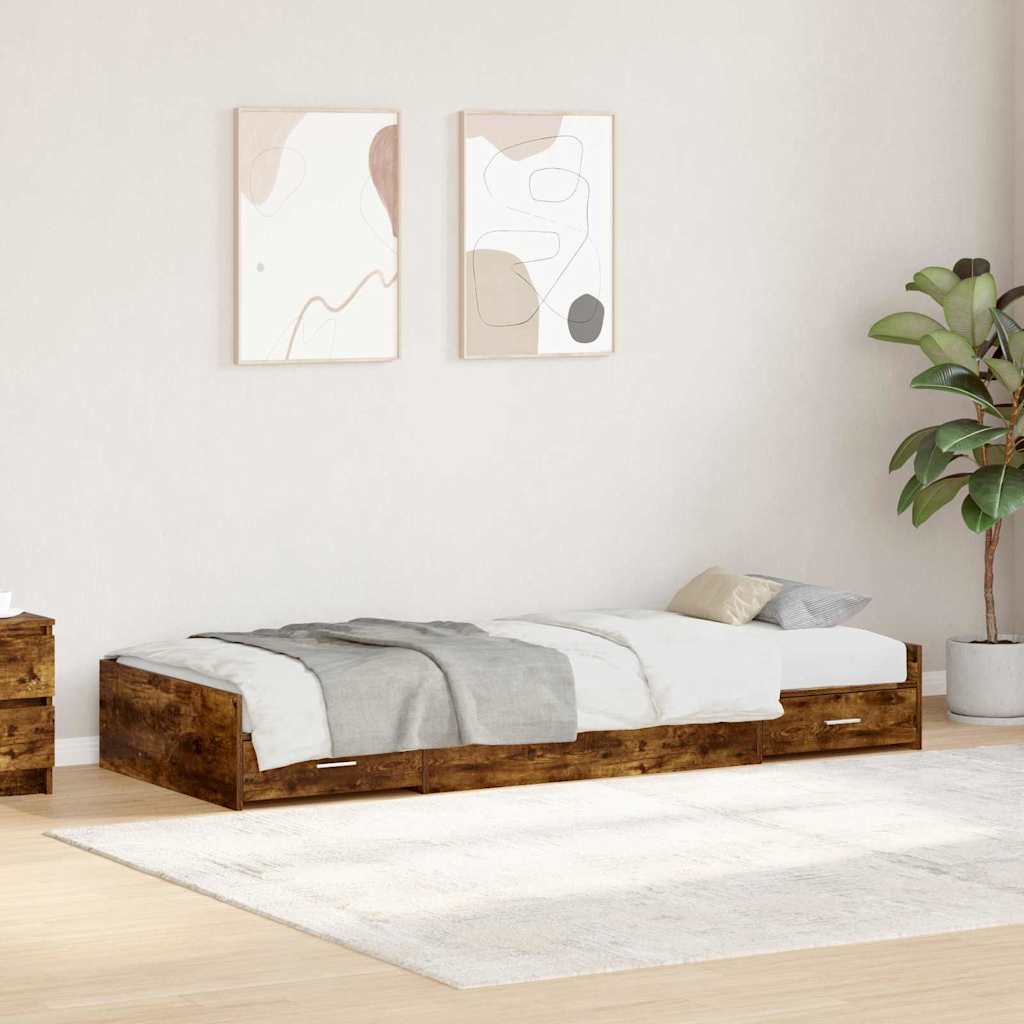 Storage Bed Frame with Drawer Smoked Oak 90 x 200 cm Engineered wood