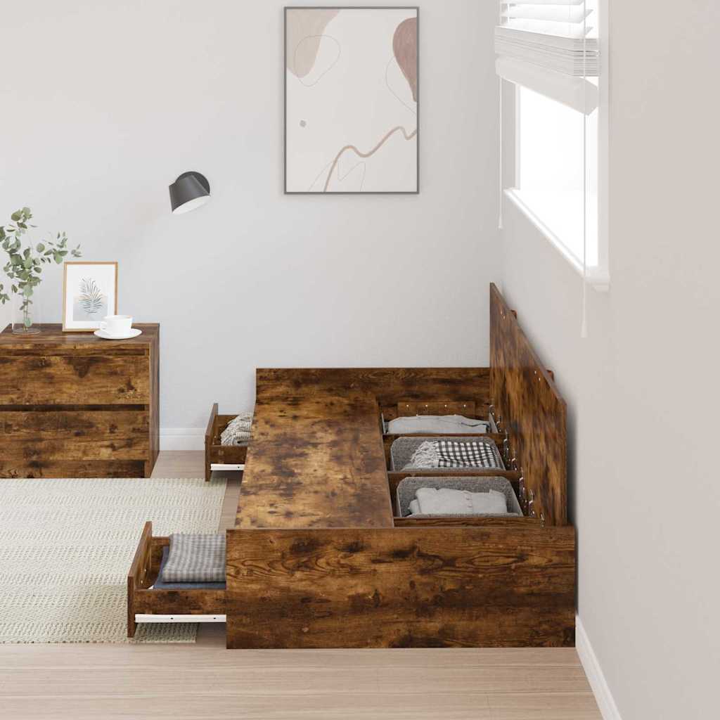 Storage Bed Frame with Drawer Smoked Oak 75 x 190 cm Engineered wood