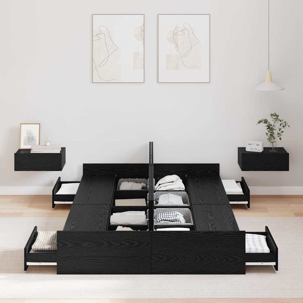 Storage Bed Frame with Drawer Black oak 120 x 190 cm Melamine